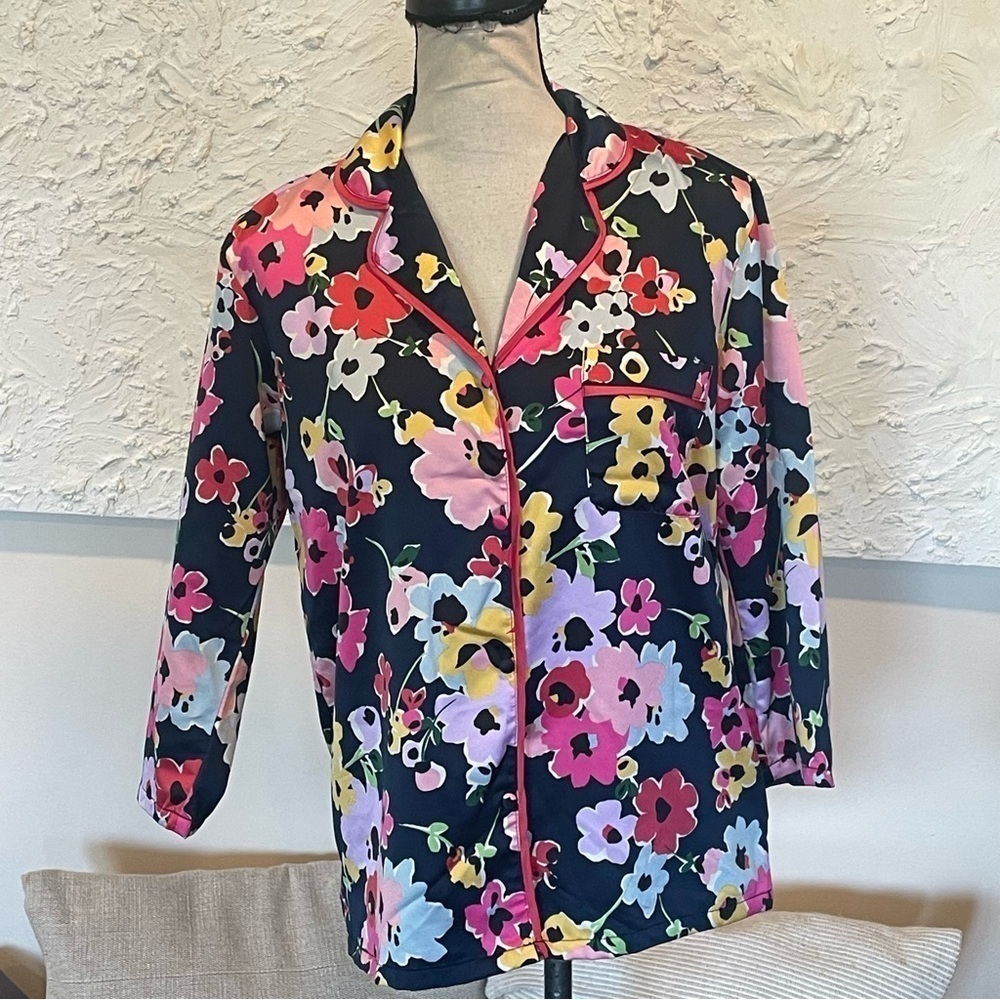 Kate Spade Pajama Top Shirt Women Pink Floral Satin Collared 3/4 Sleeve Sz S